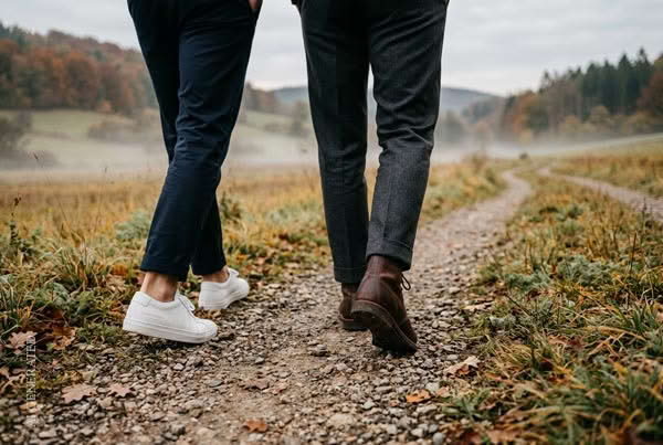 Bläsing Beratung Spaziergang: Zwei Personen beim Walking-Gespräch auf einem Feldweg in Hessen