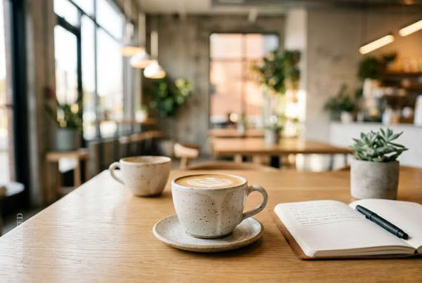 Bläsing Beratung Erstgespräch: Cappuccino und Notizbuch im modernen Café, vertrauliche Krisenberatung