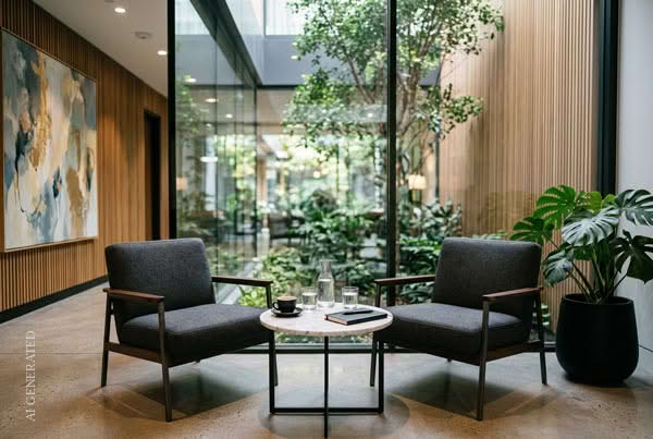 Bläsing Beratung Lounge: Moderne Hotel-Lounge als Rückzugsort für strategische Gespräche unter vier Augen